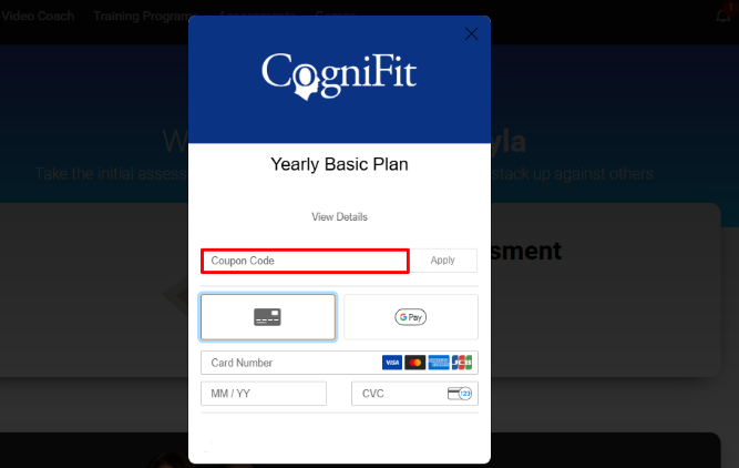 CogniFit discount code place above the payment details 