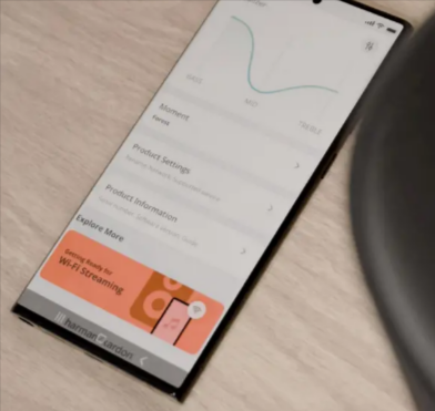 The Harman Kardon app showing the different features it has from the outlet section