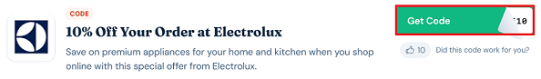 image showing the Electrolux "Get Code" button