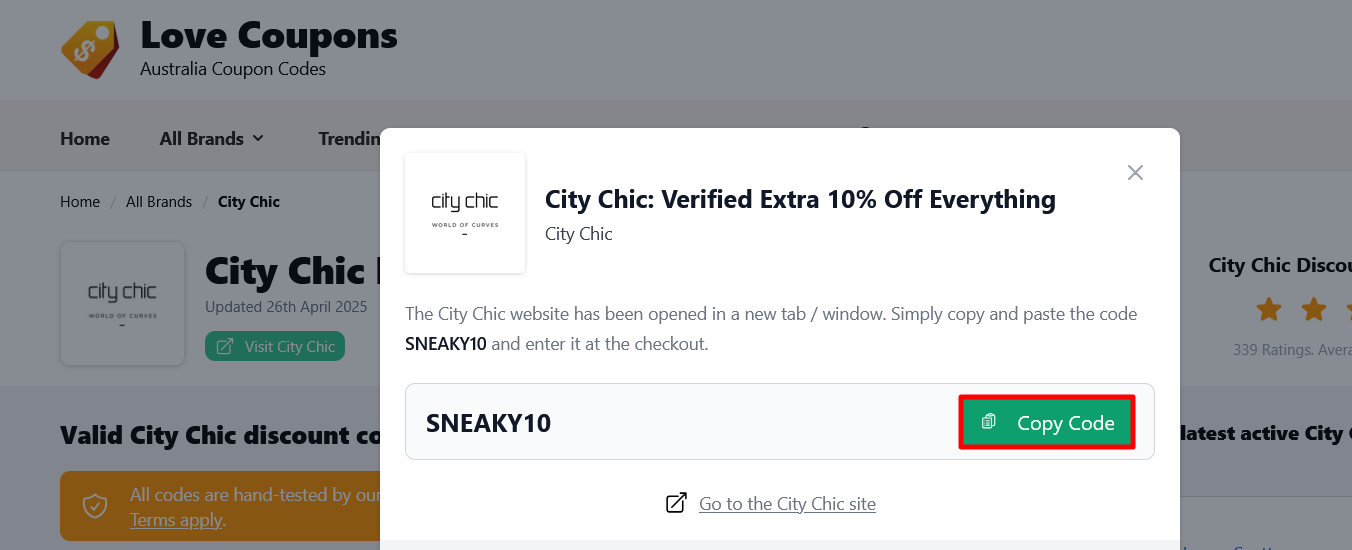 City Chic page on Love Coupons where to copy your code
