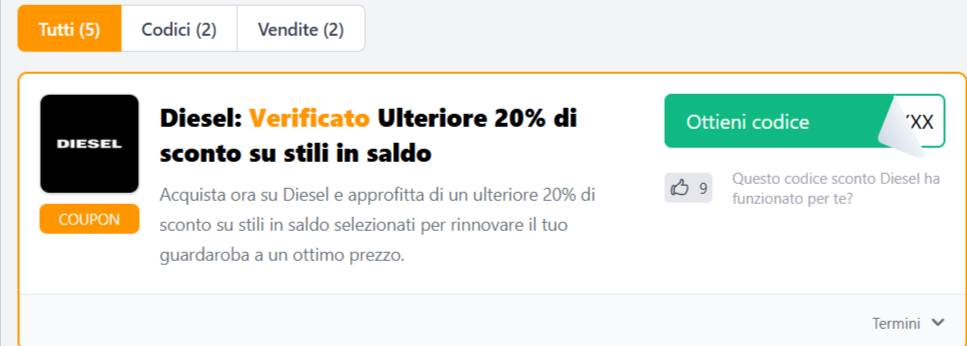 coupon Diesel visibile nella lista da poter prelevare ed utilizzare sul sito Diesel