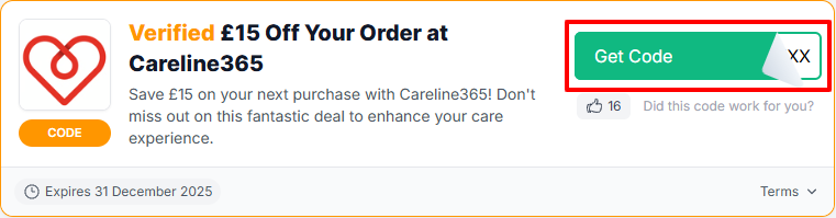 A Careline365 voucher code with "Get Code" in a red box