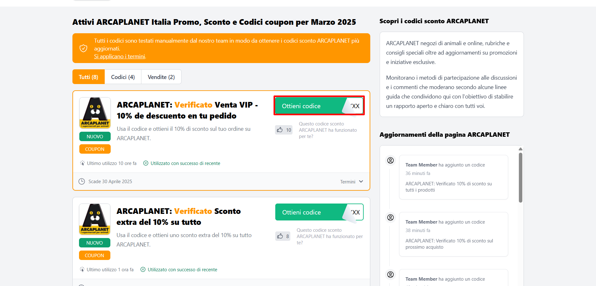codice sconto ARCAPLANET da poter prelevare per inserirlo successivamente nel carrello virtuale