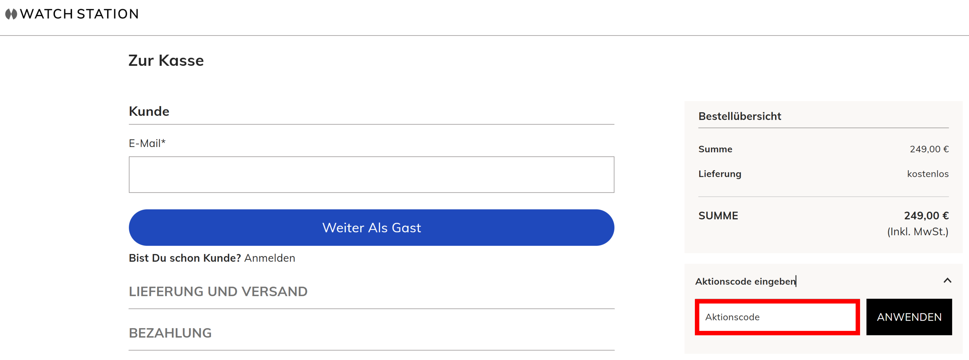 Der Bestellverlauf von Watch Station mit einem rotmarkierten Eingabefeld