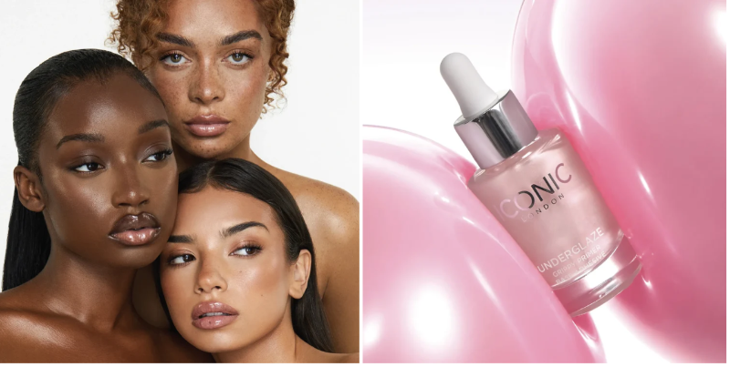 ICONIC London babes modelling with a white background and a product in view