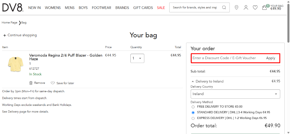 Apply your DV8 promo code to your order in the red box