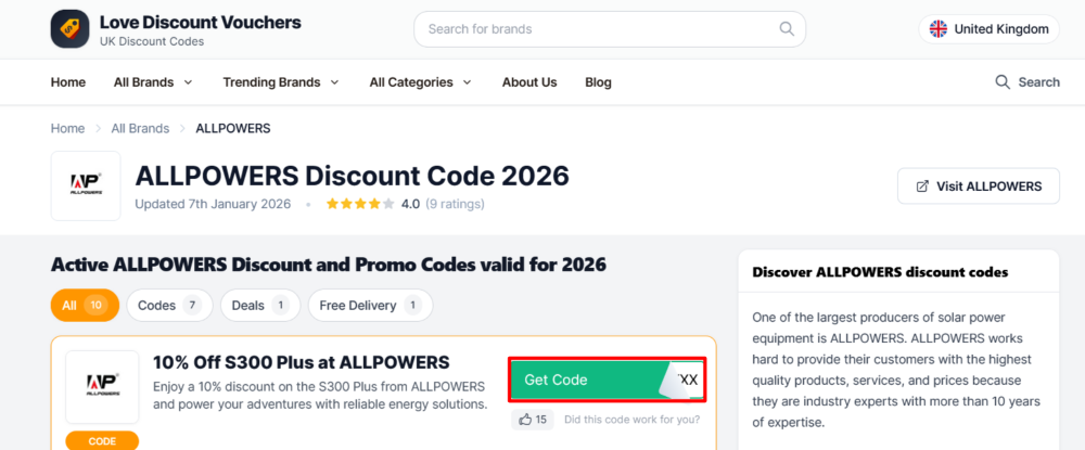 ALLPOWERS page on Love Discount Vouchers showing how to get a code