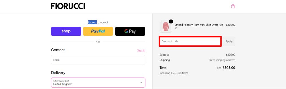 The checkout page showing the Fiorucci promo code box for a red and white striped popcorn print mini shirt dress