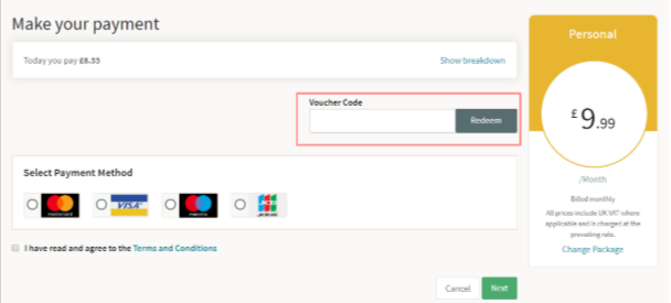 The Create checkout page and different payment methods