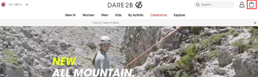 The Dare 2b home page and the different shopping categories, as well as the shopping bag icon highlighted with a red box