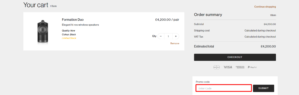 The Bowers & Wilkins cart page with the promo code box highlighted with a red box