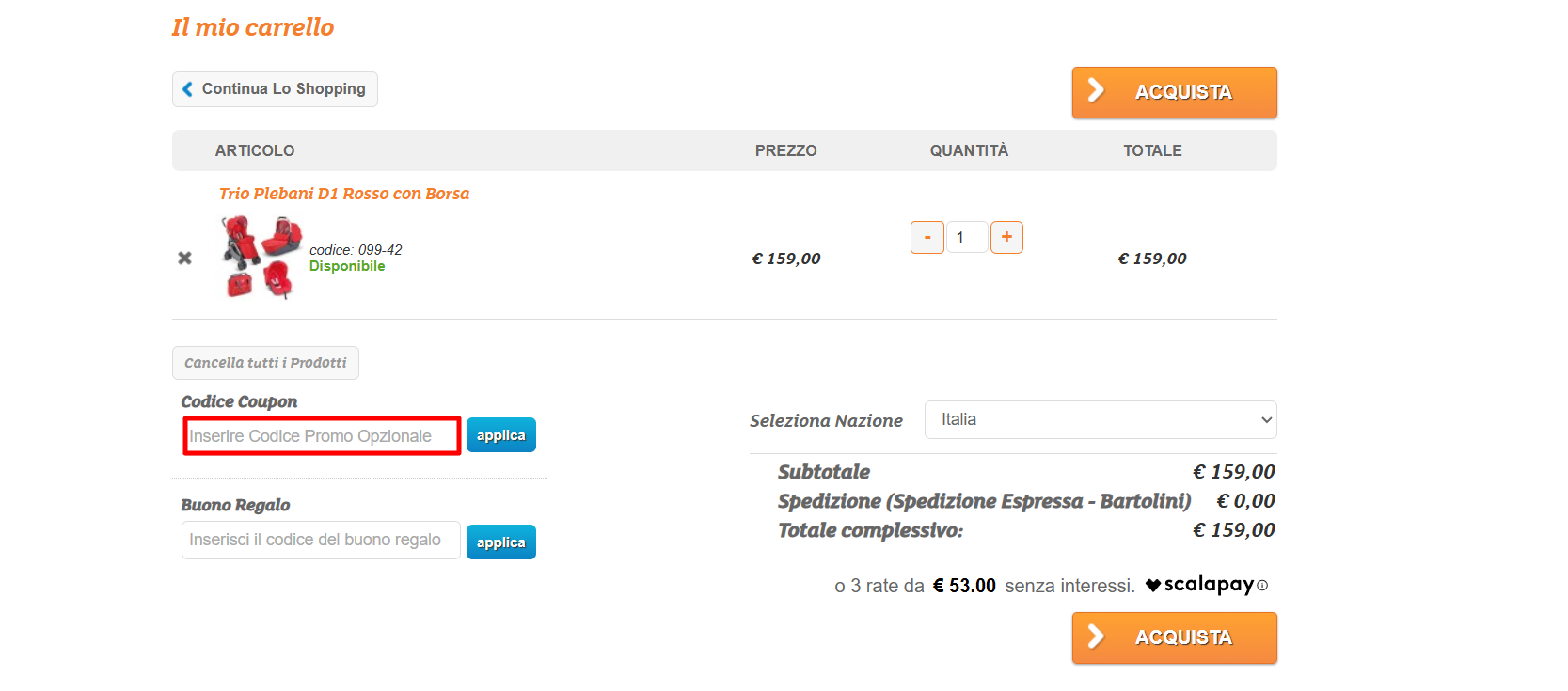 carrello del sito ufficiale Das Baby dove poter inserire il codice sconto Das Baby per risparmiare