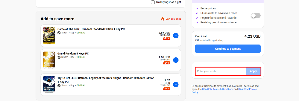 Applying a G2A promo code at checkout