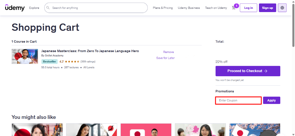Open shopping cart to apply your Udemy coupon code