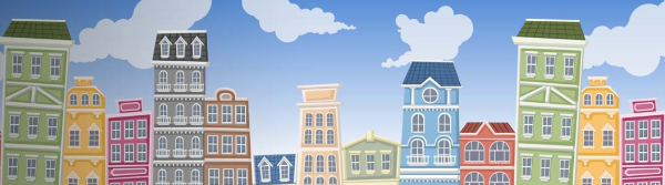 A graphic picture of a cityscape with colourful buildings