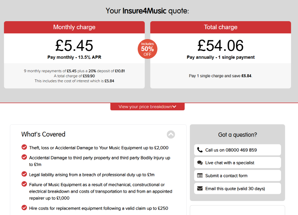 Reviewing an Insure4Music quote on a guitar with a discount applied