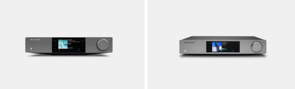 two silver Cambridge Audio audio systems on a white background