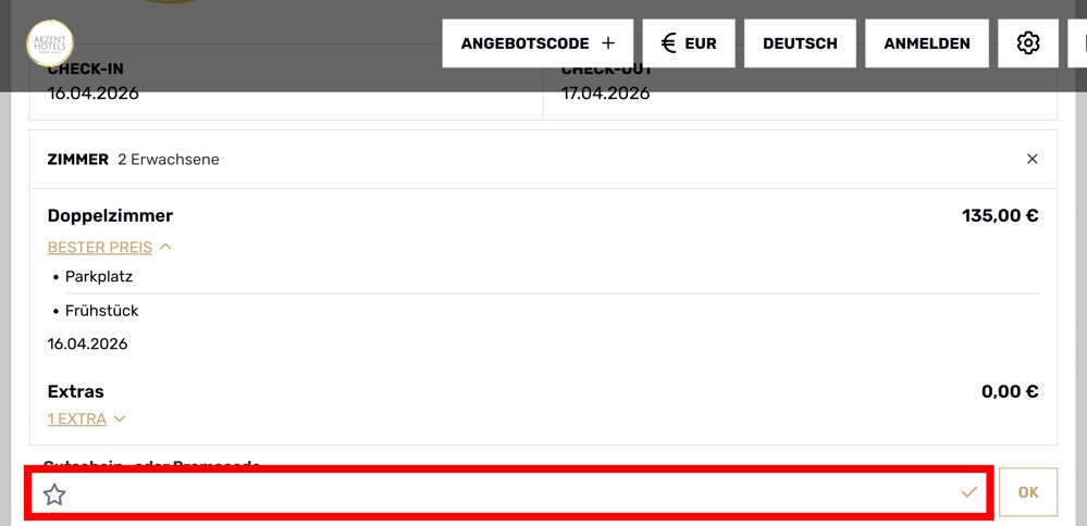 Buchungsverlauf von Akzent mit einem rotmarkiertem Eingabefeld für Gutscheine