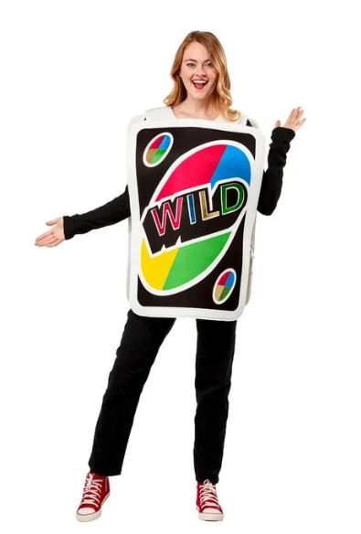 Family Halloween costume ideas: A woman wearing an Uno wild card costume