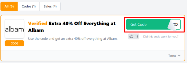 The Love Discount Vouchers page shows Albam promo codes and offers to use on your purchase