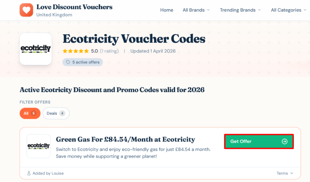 Ecotricity Love Discount Vouchers page where an offer is selected