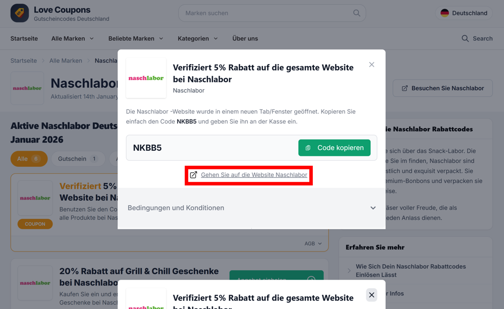 Ein offener Gutschein für Naschlabor auf der Love Coupons-Seite mit rotmarkiertem Link
