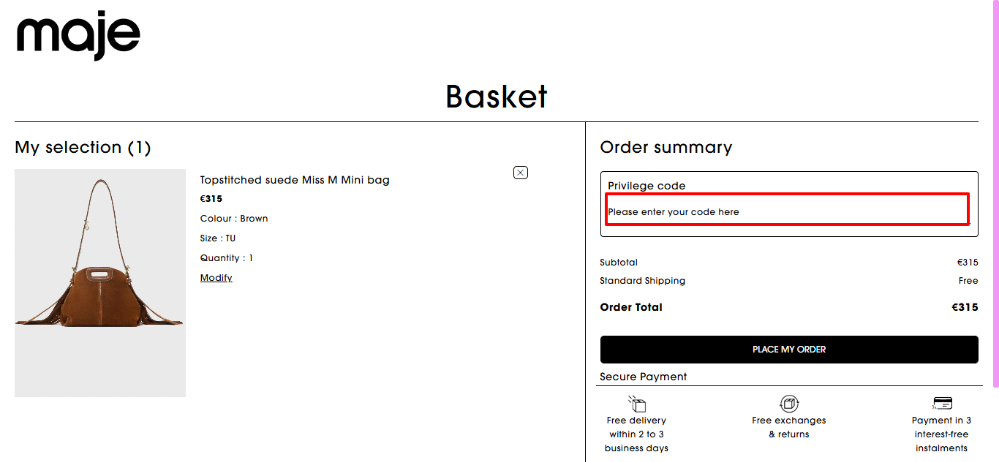 Maje discount code in the order summary
