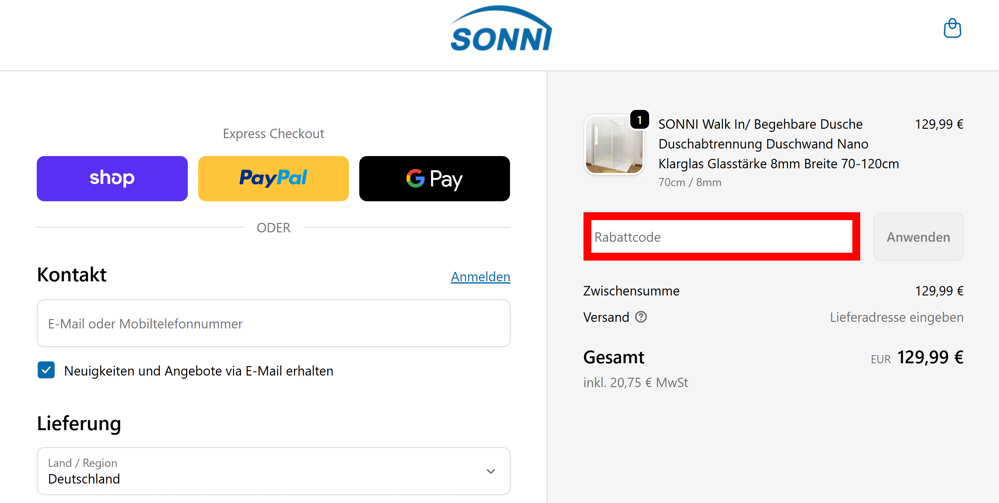 Bestellverlauf von Sonni mit einem rotmarkierten Eingabefeld für Rabattcodes