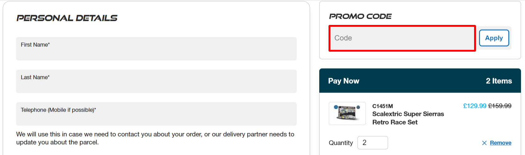 The checkout page showing where to apply your SCALEXTRIC voucher code