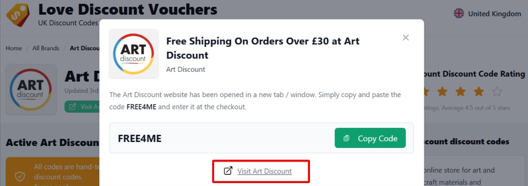 The highlighted red box shows the link that takes you to the Art Discount website