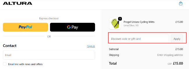 A box where you can add your Altura promo code to redeem it