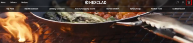 The HEXCLAD homepage with the shopping categories and a person cooking over the grill with a HEXCLAD pan