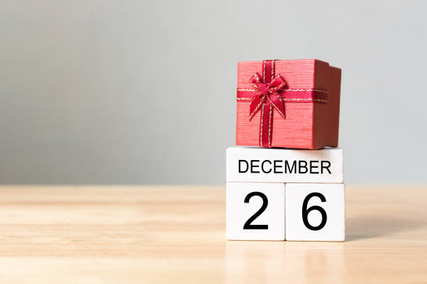 A sign with a present on top saying December 26.