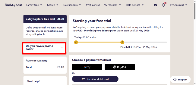 Findmypast free trial sign up and payments with a discount box