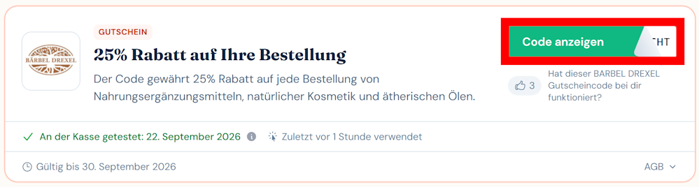 Angaben und Details zu deinem Rabattcode für BÄRBEL DREXLER mit rotmarkiertem grünen Link