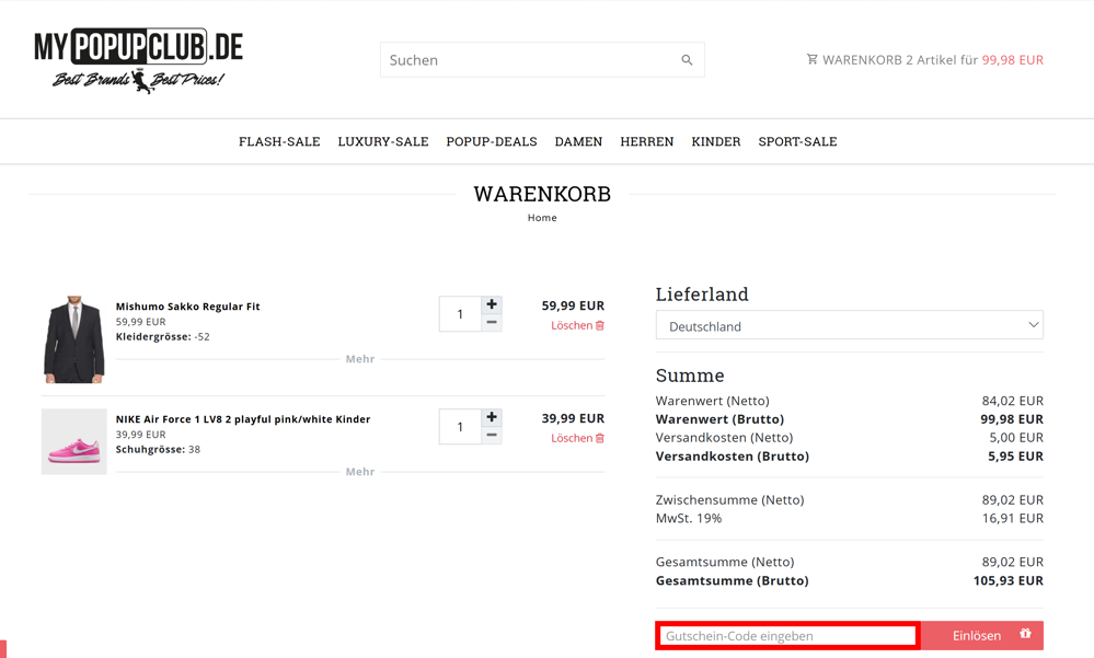 Warenkorb von MyPopupClub mit einem rotmarkierten Eingabefeld für Gutscheincodes