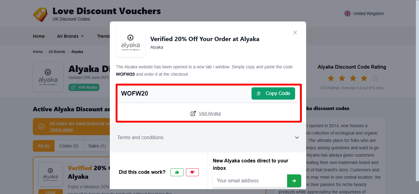 Love Discount Vouchers Alyaka discount code that you can see highlighted by a red box