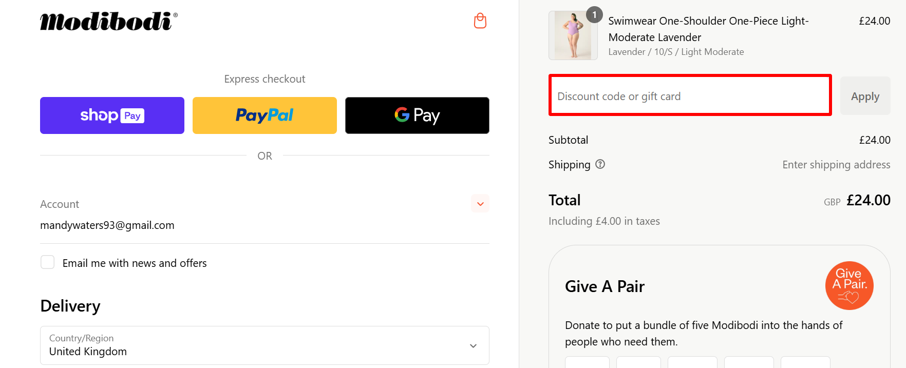 The checkout page showing where to apply your discount code