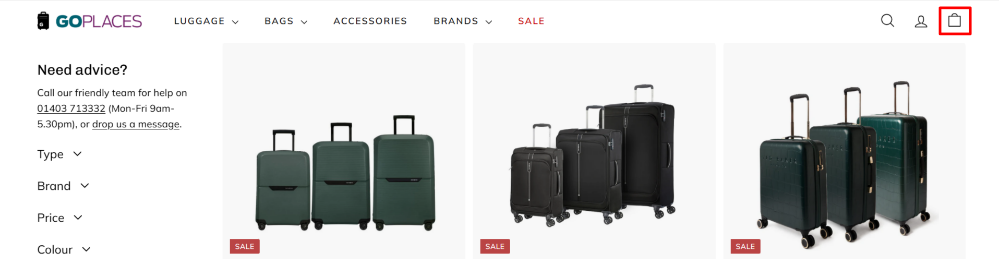 The Go Places website and the shopping categories and shopping filters