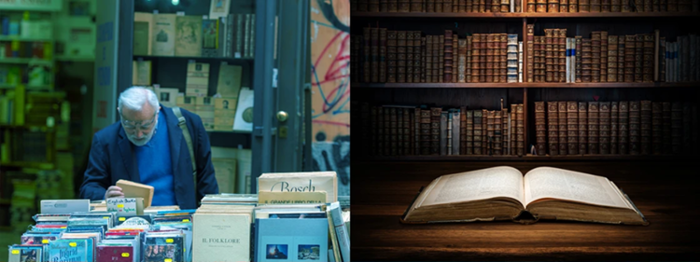 Zwei Bilder mit mehreren Büchern und Lesematerial darauf abgebildet