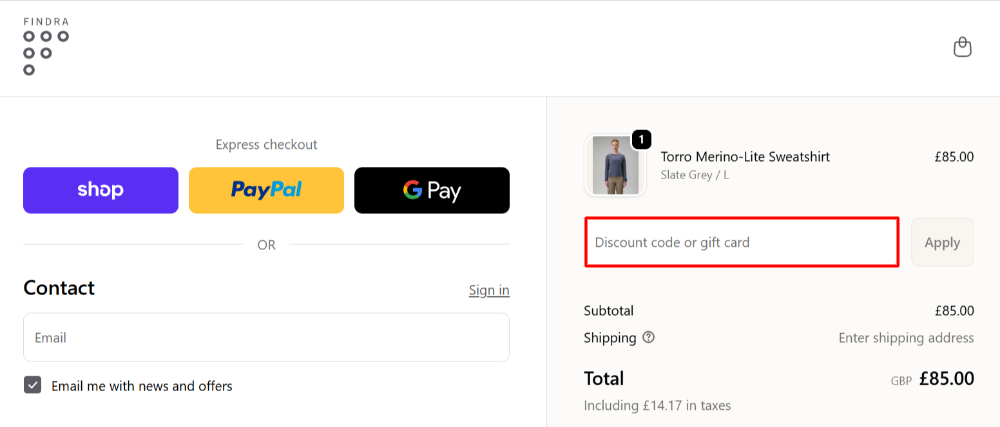 The FINDRA checkout page with where to paste the FINDRA voucher code in a red box