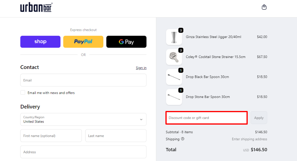 Urban Bar checkout page with 3 different options to select for express checkout. There is also a red box around the discount code box