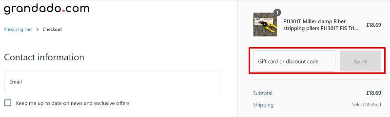 The checkout page showing a highlighted red box where you should paste your Grandado voucher code