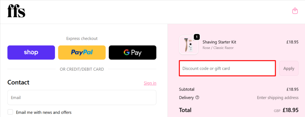 The Friction Free Shaving (FFS) checkout page with where to paste the Friction Free Shaving (FFS) voucher code in a red box