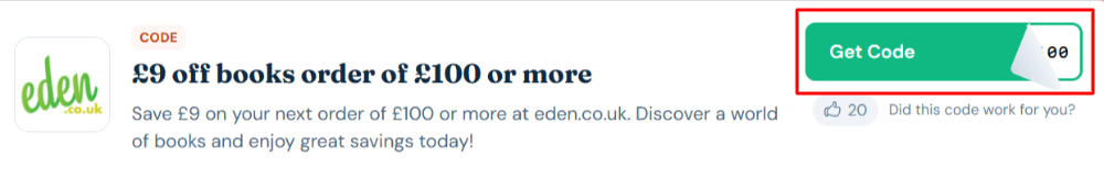 An eden.co.uk discount code with "Get Code" in a red box