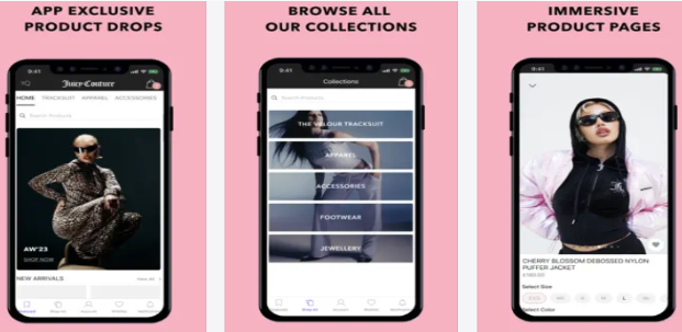 Juicy Couture app showcasing exclusive product drops and detailed product pages on mobile devices