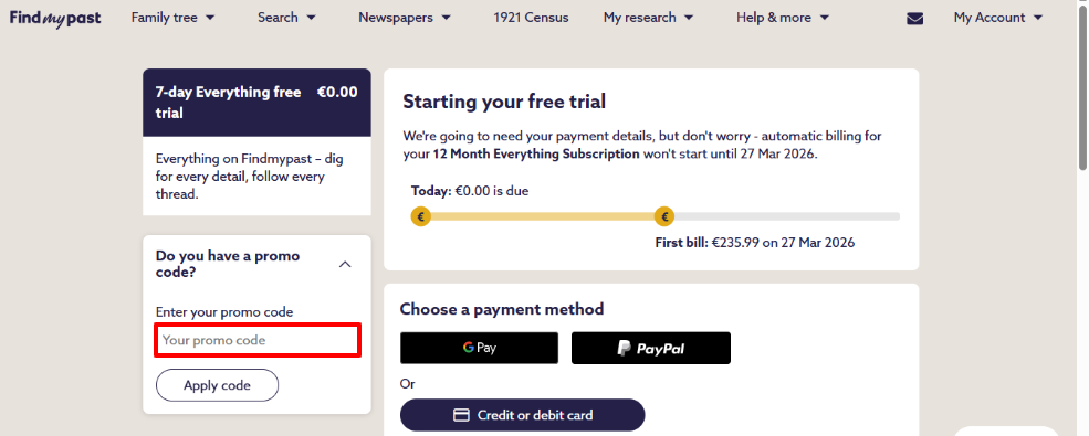 Findmypast discount code highlighted by a red box