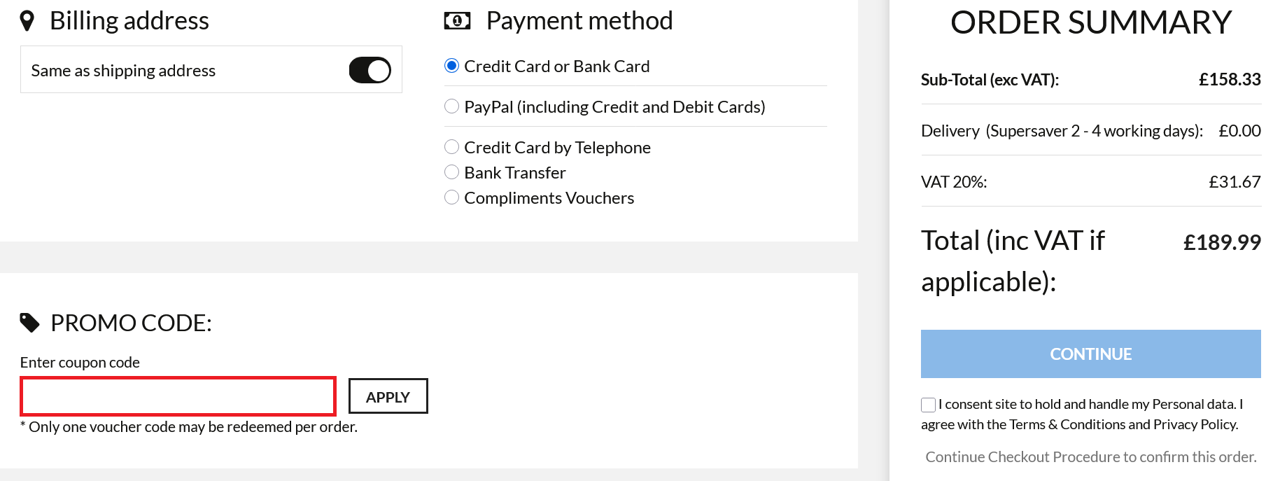 image showing the discount code box