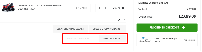 Just Lawnmowers discount box to enter your code for price reduction
