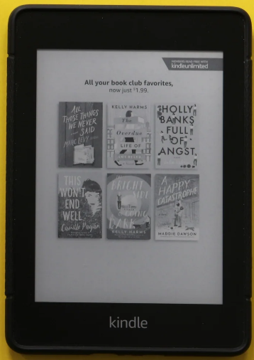 An Amazon Kindle with a Case Happy case